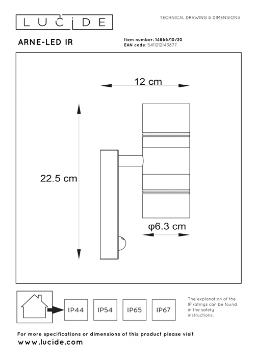 Lucide ARNE-LED IR - Wandspot / Wandlamp Binnen/Buiten - Ø 6,3 cm - LED - GU10 - 2x5W 2700K - IP44 - Beweging & dag/nacht sensor - Zwart - technisch